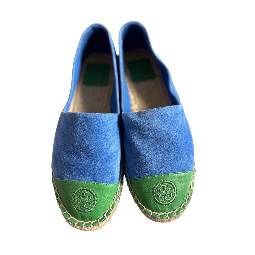 Tory Burch Blue Green Suede Colorblock Espadrille Flats Logo Toe Cap 6.5M